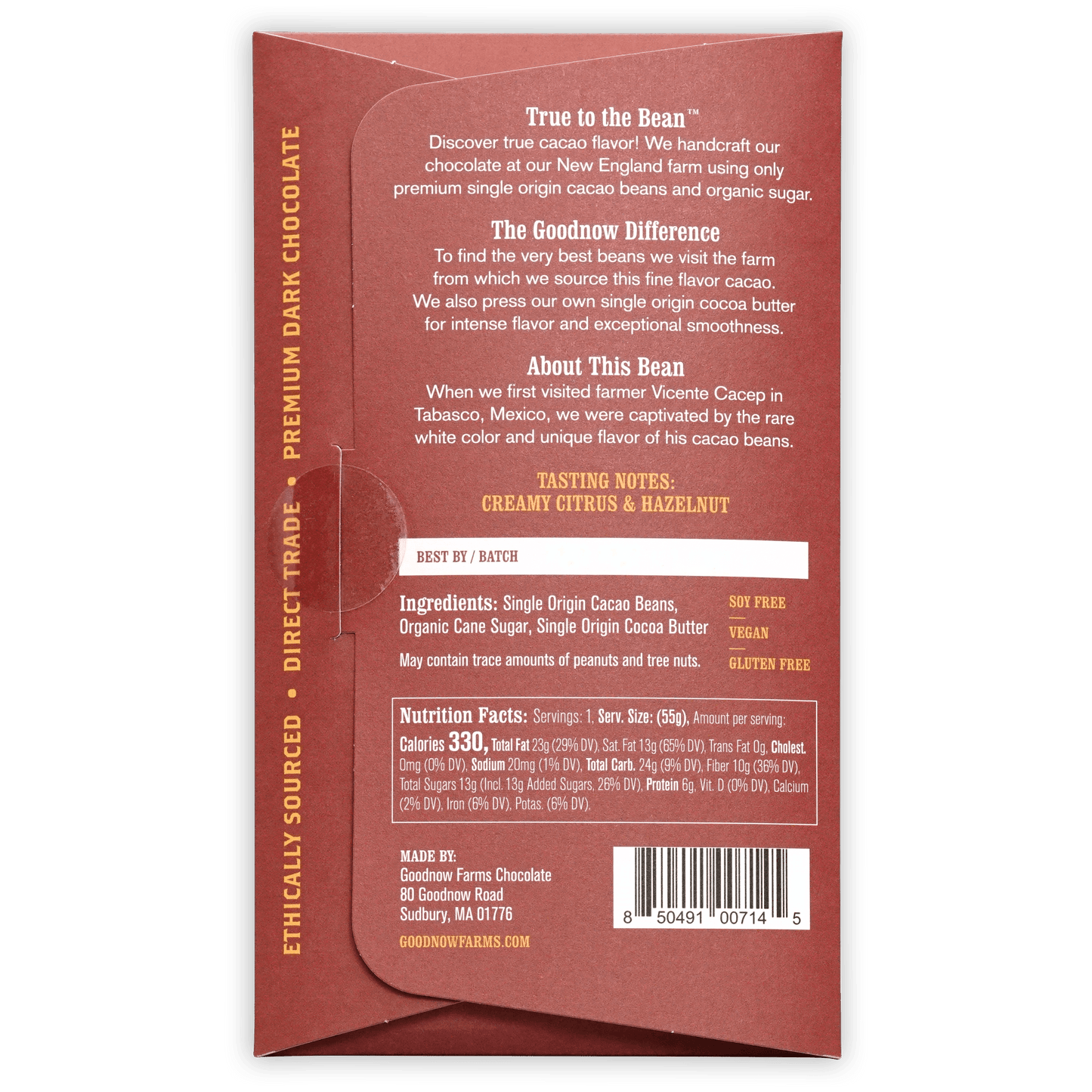 Back of Goodnow Farms Almendra Blanca 77% red chocolate package with barcode