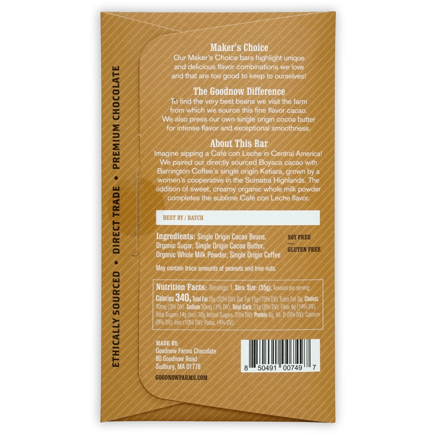 Goodnow Farms Cafe Con Leche 63% gold textured paper wrapper