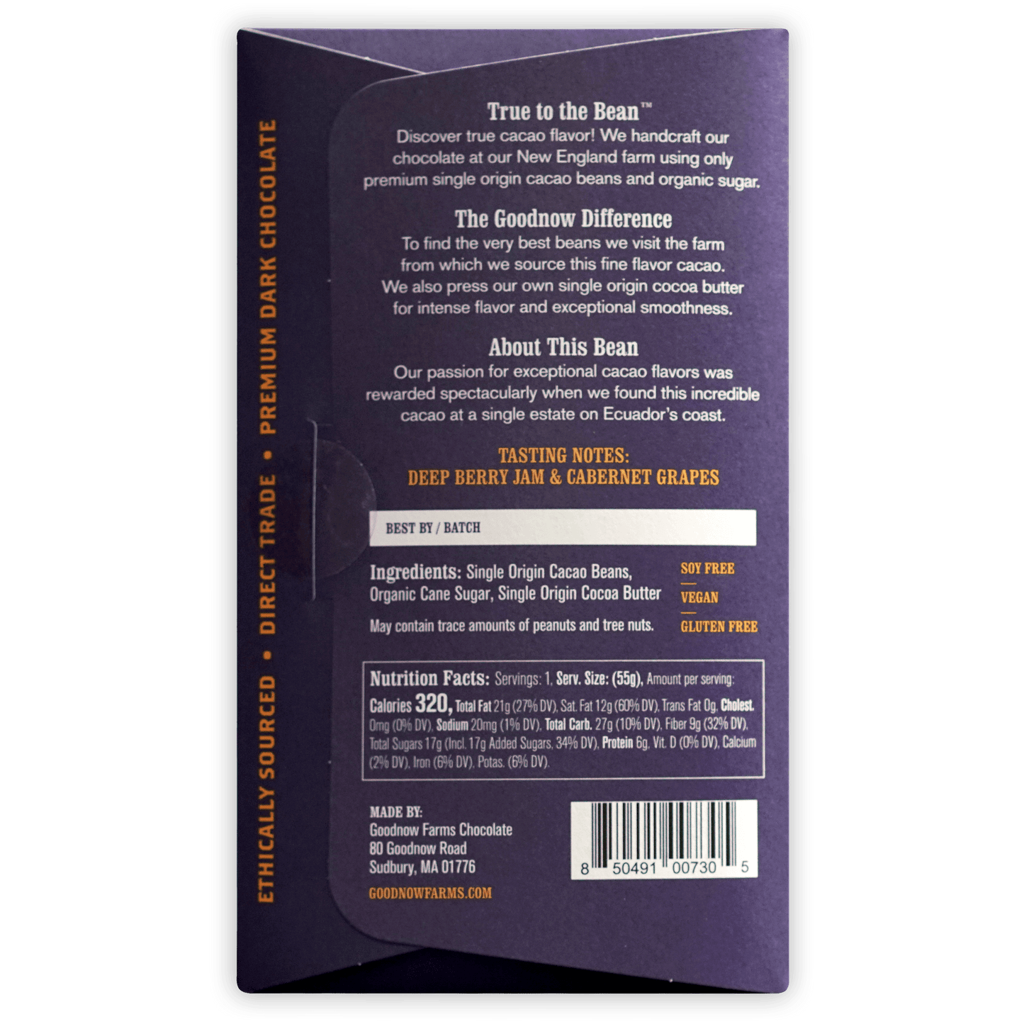 Goodnow Farms Esmeraldas 70% purple wrapper with gold text and barcode