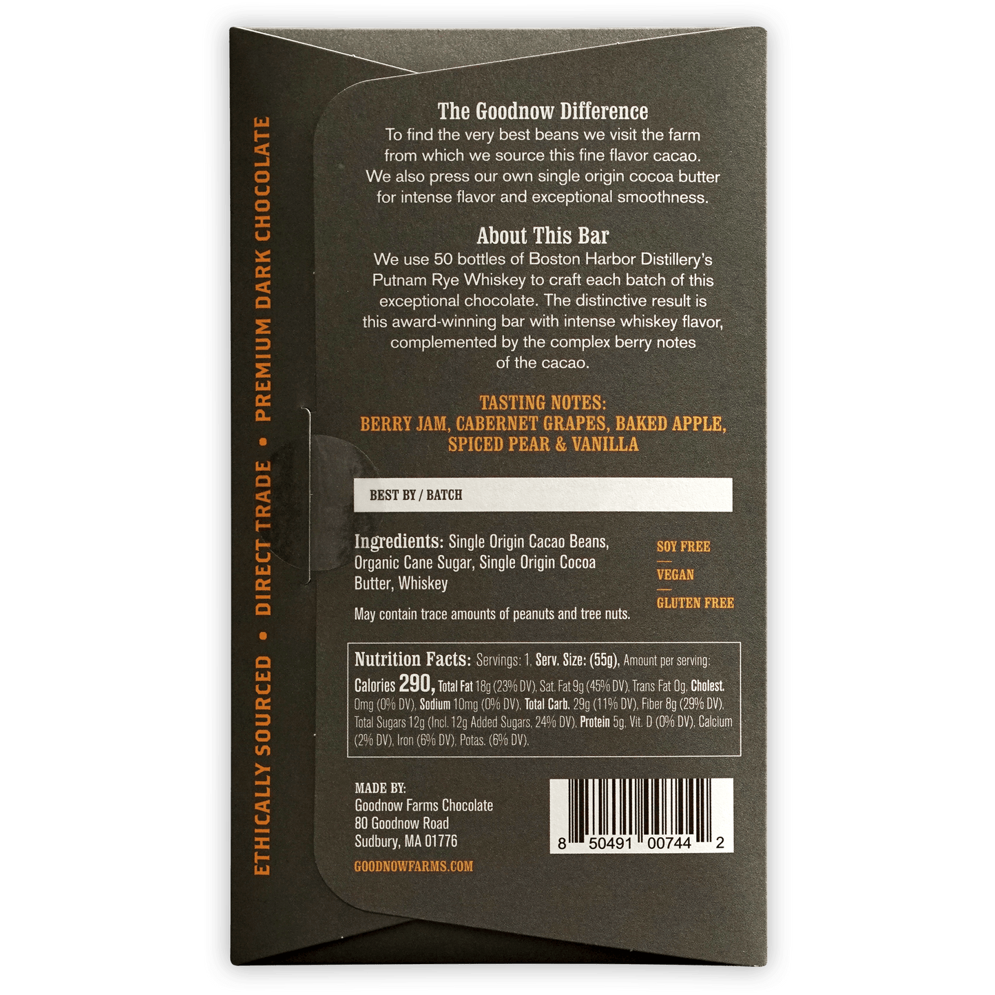 Goodnow Farms Putnam Rye Whiskey 77% dark chocolate bar back wrapper