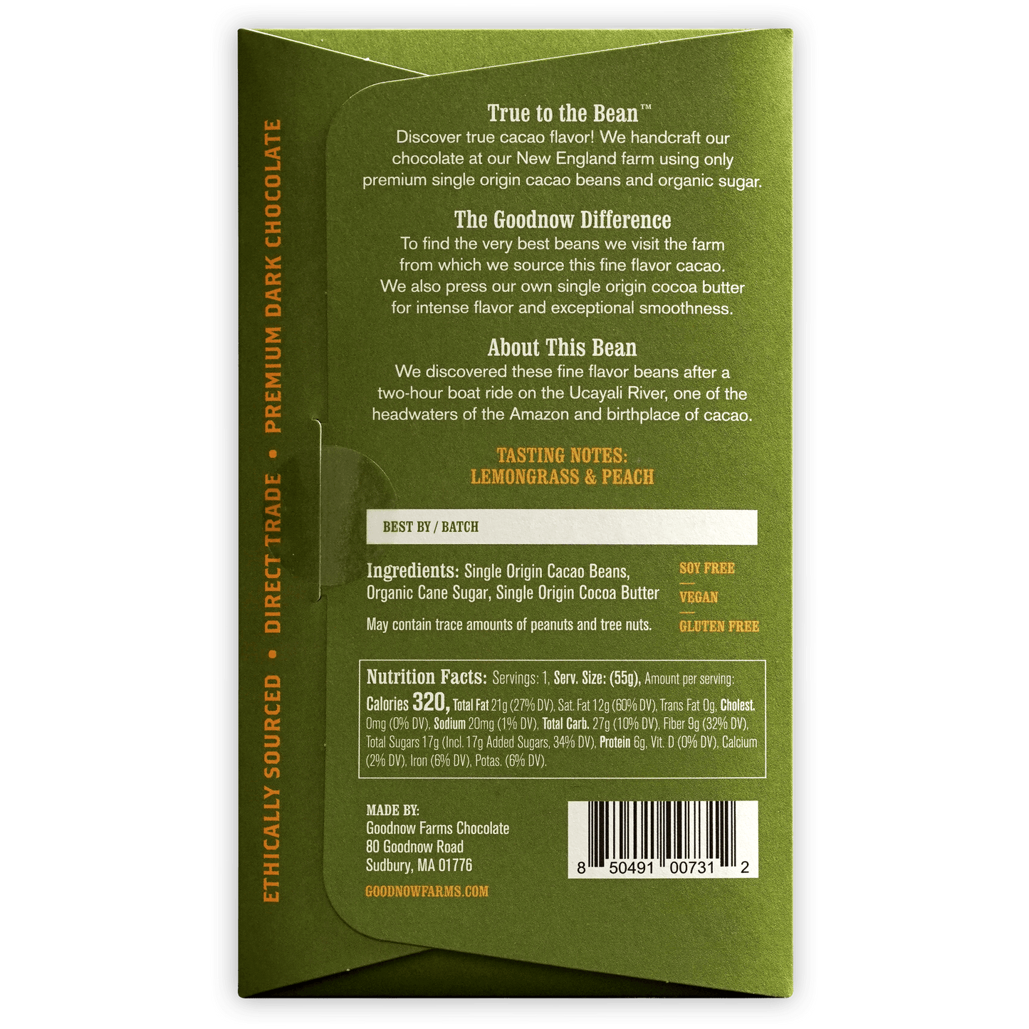 Goodnow Farms Ucayali 70% green wrapper back with organic single-origin cacao, lemongrass peach flavor