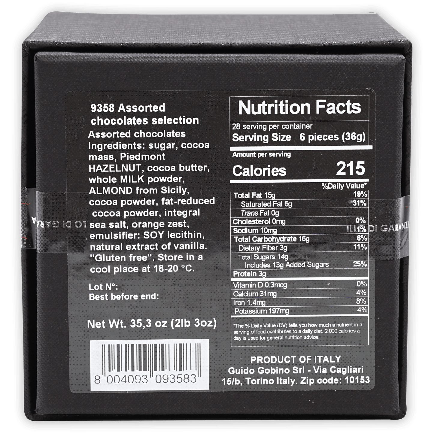 Back of Guido Gobino Assorted Chocolate Cube XL Box, 9358 assorted chocolates with nutrition facts