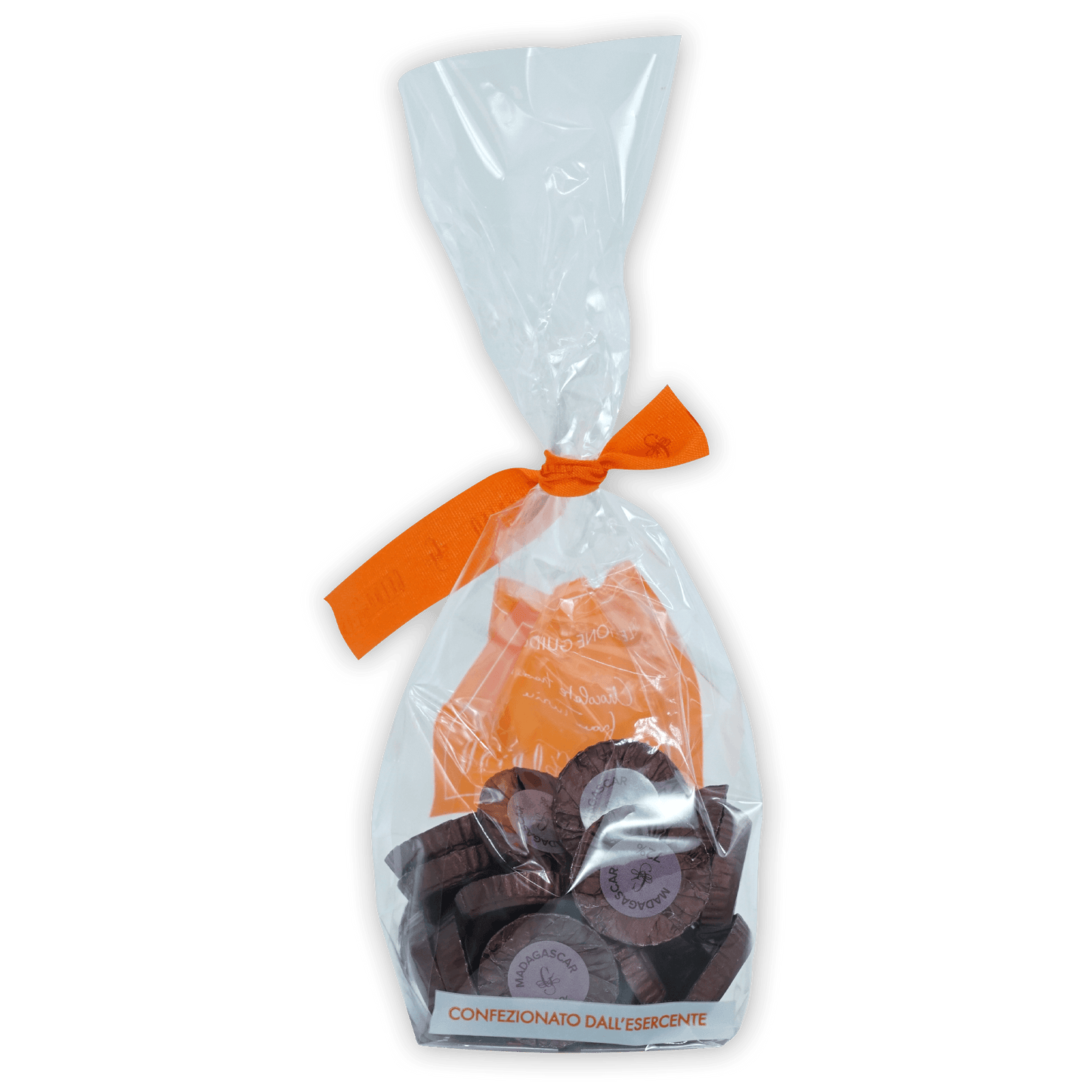 Clear plastic bag of Guido Gobino Madagascar 72% chocolate disks tied with orange ribbon