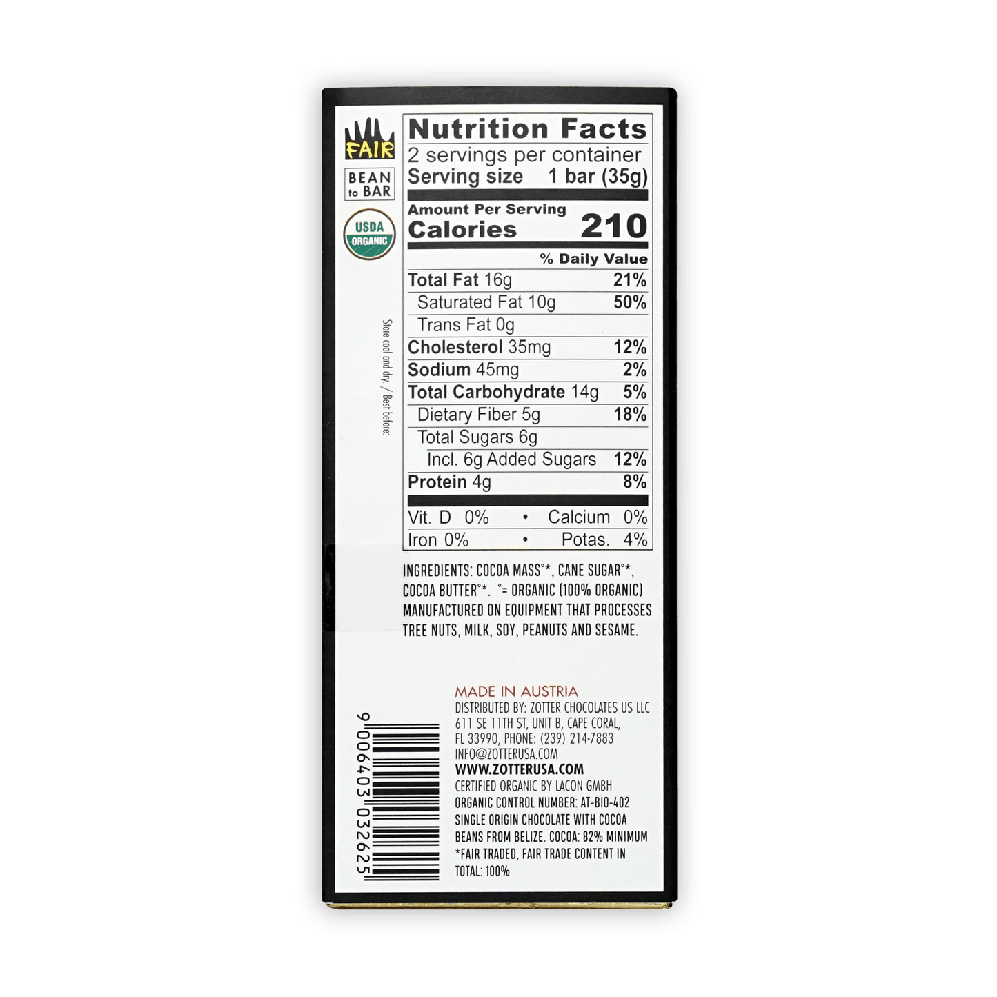 Labooko Belize Toledo 82% chocolate bar back wrapper with fair trade, USDA organic labels