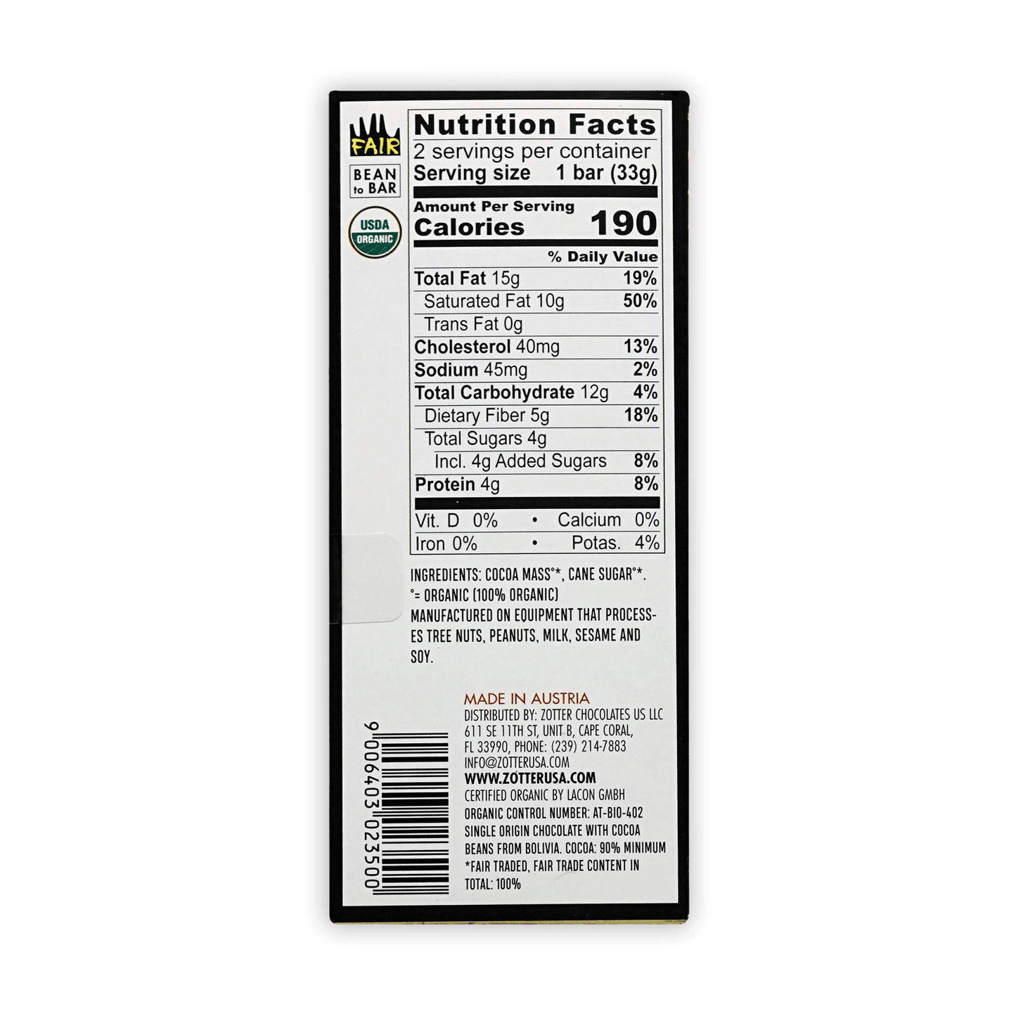 Back of Labooko Bolivia 90% chocolate bar: black and white nutrition label