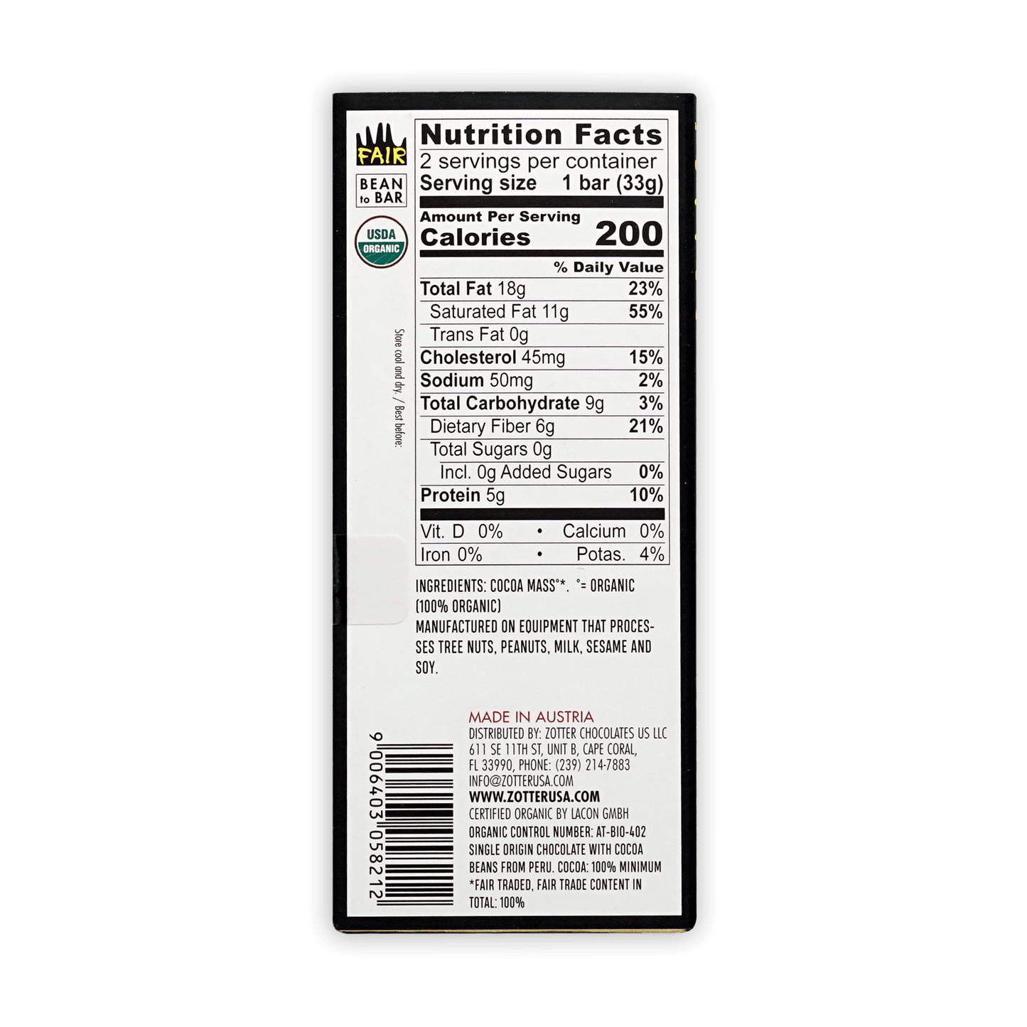Black and white nutrition label for Zotter Labooko Maya Cacao 100% fair trade organic chocolate bar