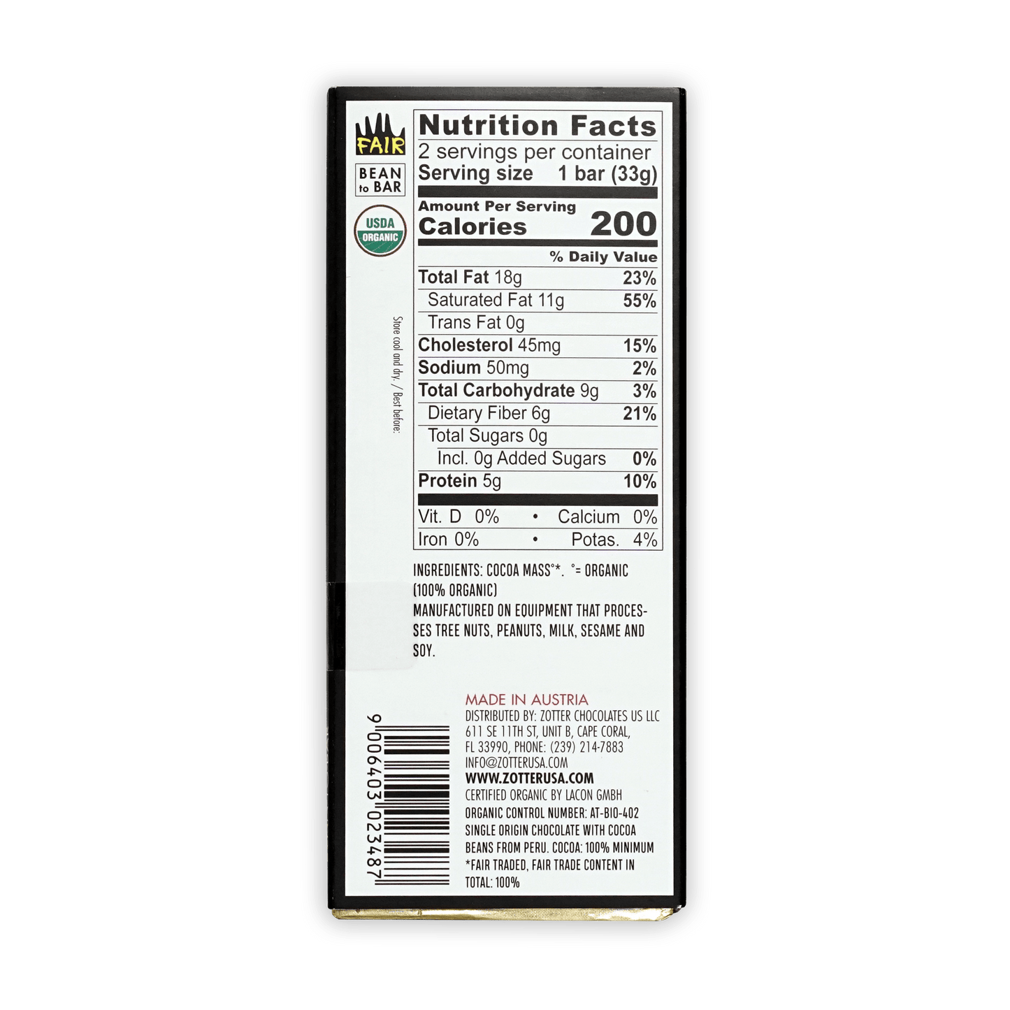 Labooko Peru 100% black rectangular chocolate bar wrapper with green organic logo