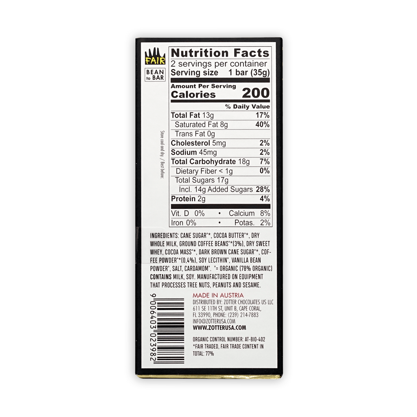 Back of Labooko Zotter Coffee Chocolate fair trade wrapper nutrition label