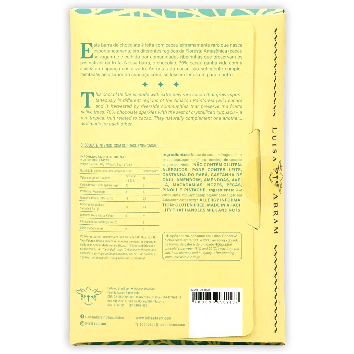 Luisa Abram dark chocolate with cupuacu yellow wrapper, teal border, bilingual text