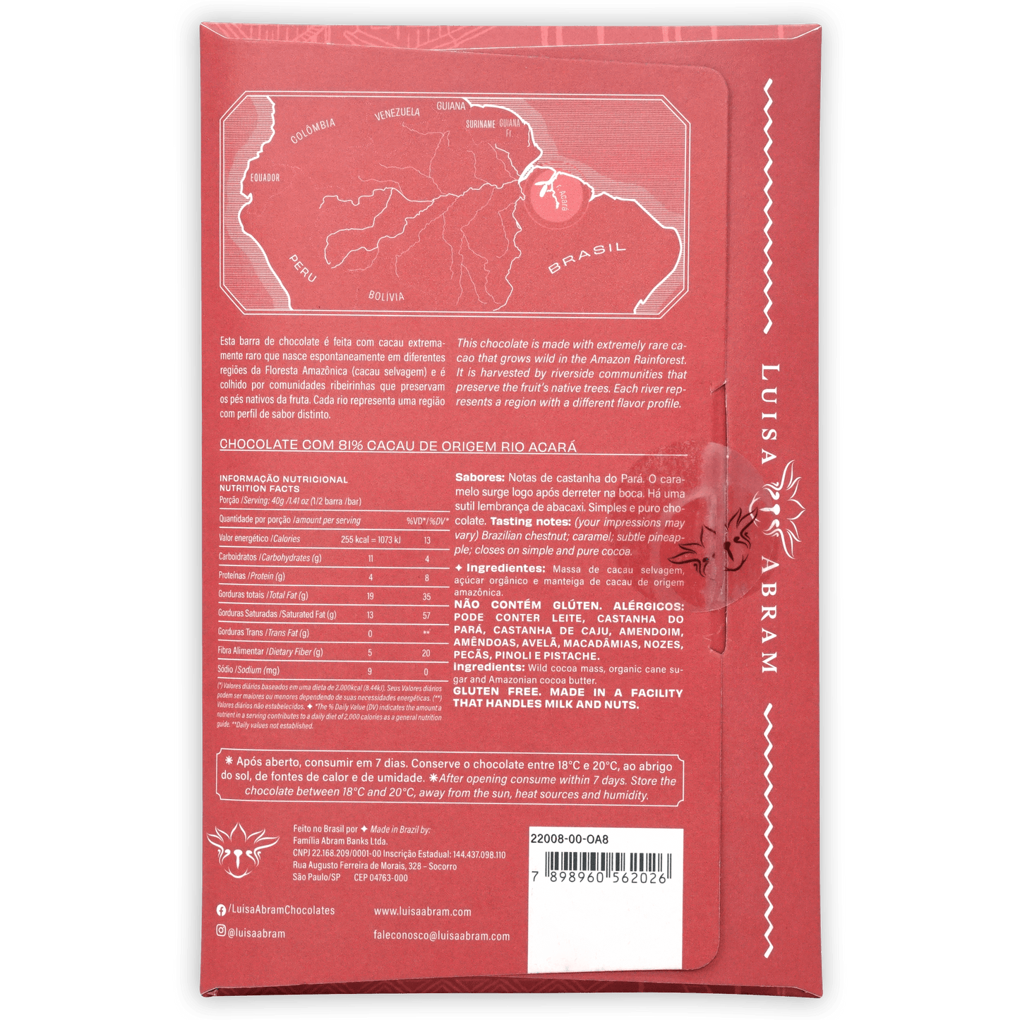 Luisa Abram Rio Acara Wild Cocoa 81% red wrapper with Brazil map