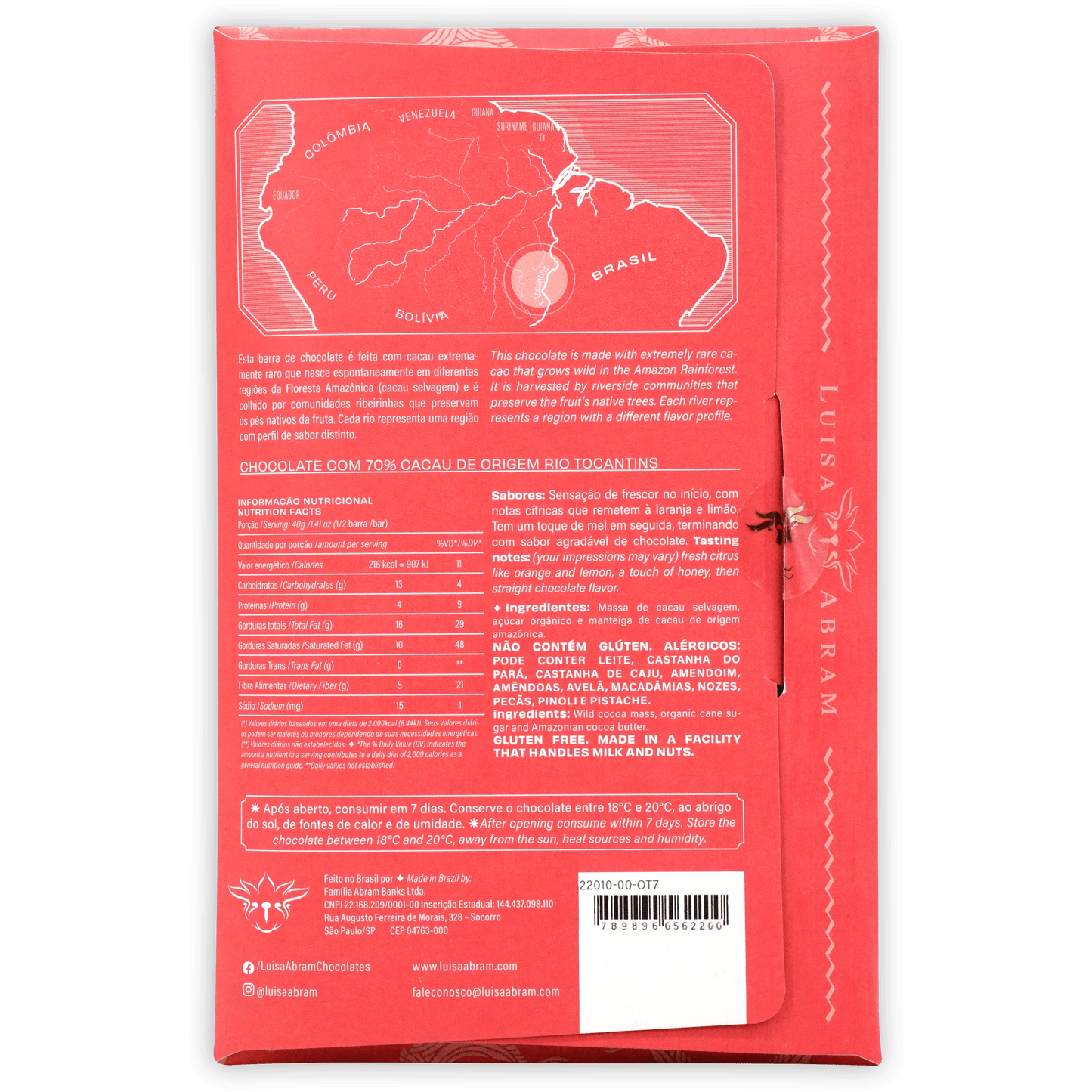 Luisa Abram Rio Tocantins Wild Cocoa 70% red wrapper with South America map