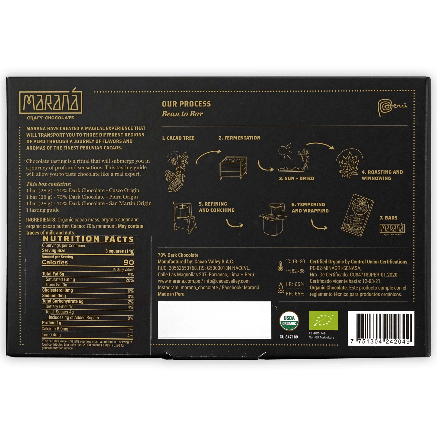 Marana Mini Tasting Box 70% black chocolate with gold foil bean-to-bar details