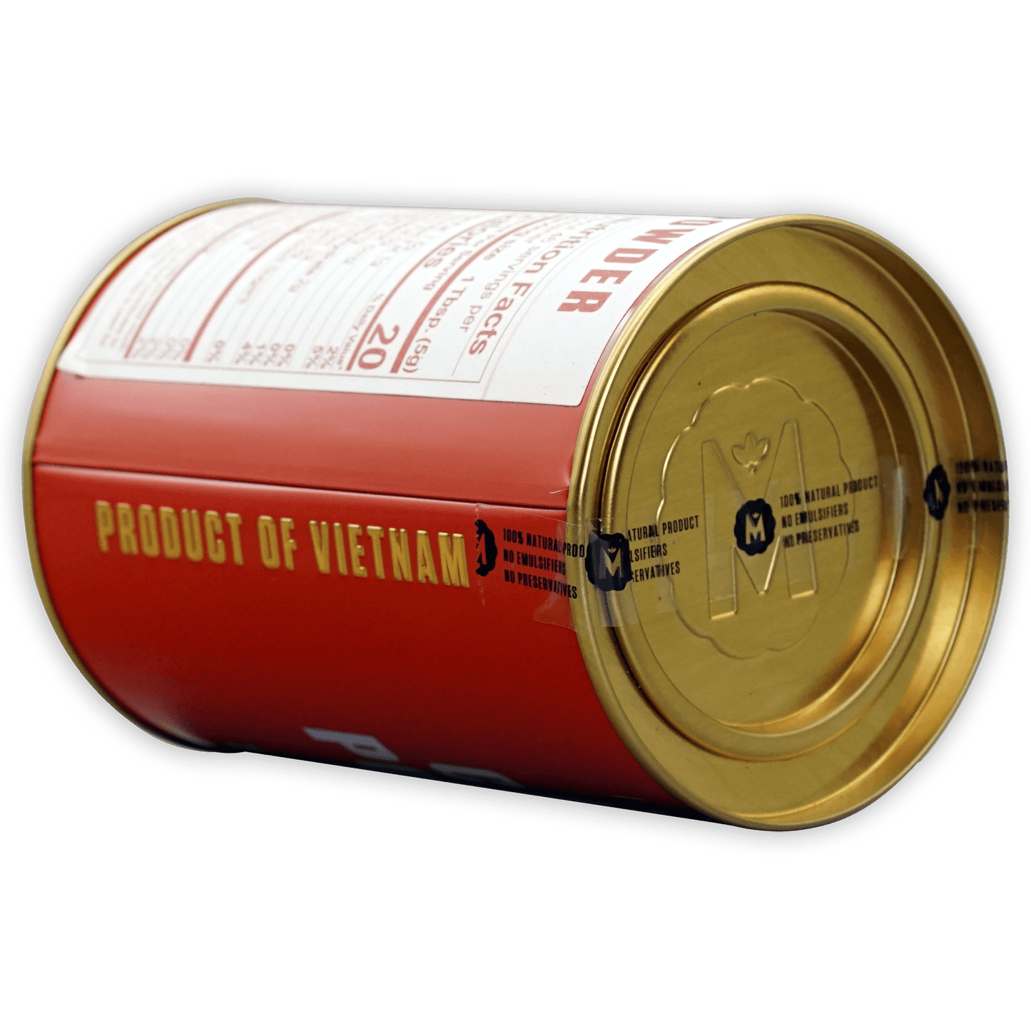 Marou Cacao Powder Tin 100% red cylindrical tin with gold lid and Vietnam label