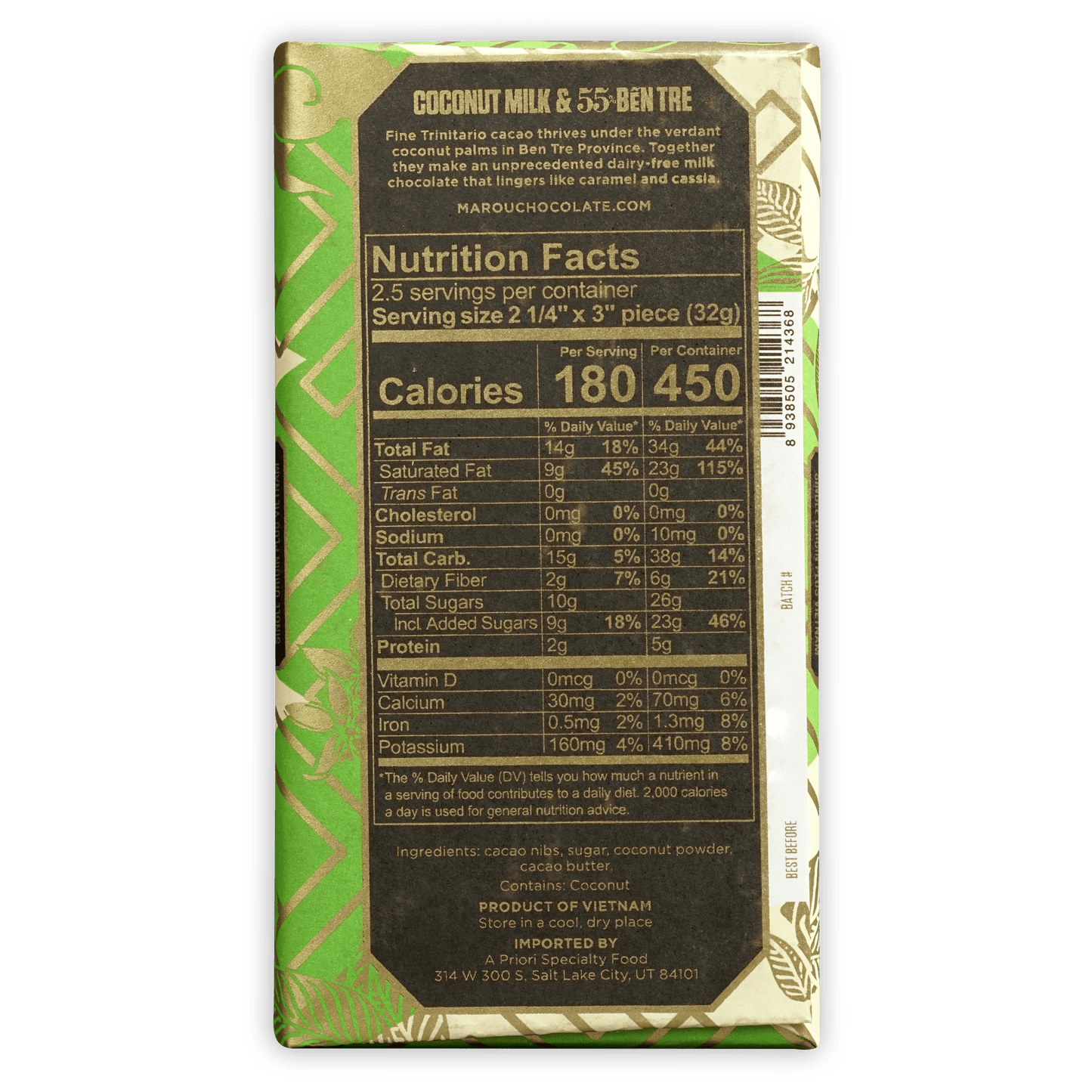 Marou Coconut Milk Ben Tre 55% green gold chocolate bar
