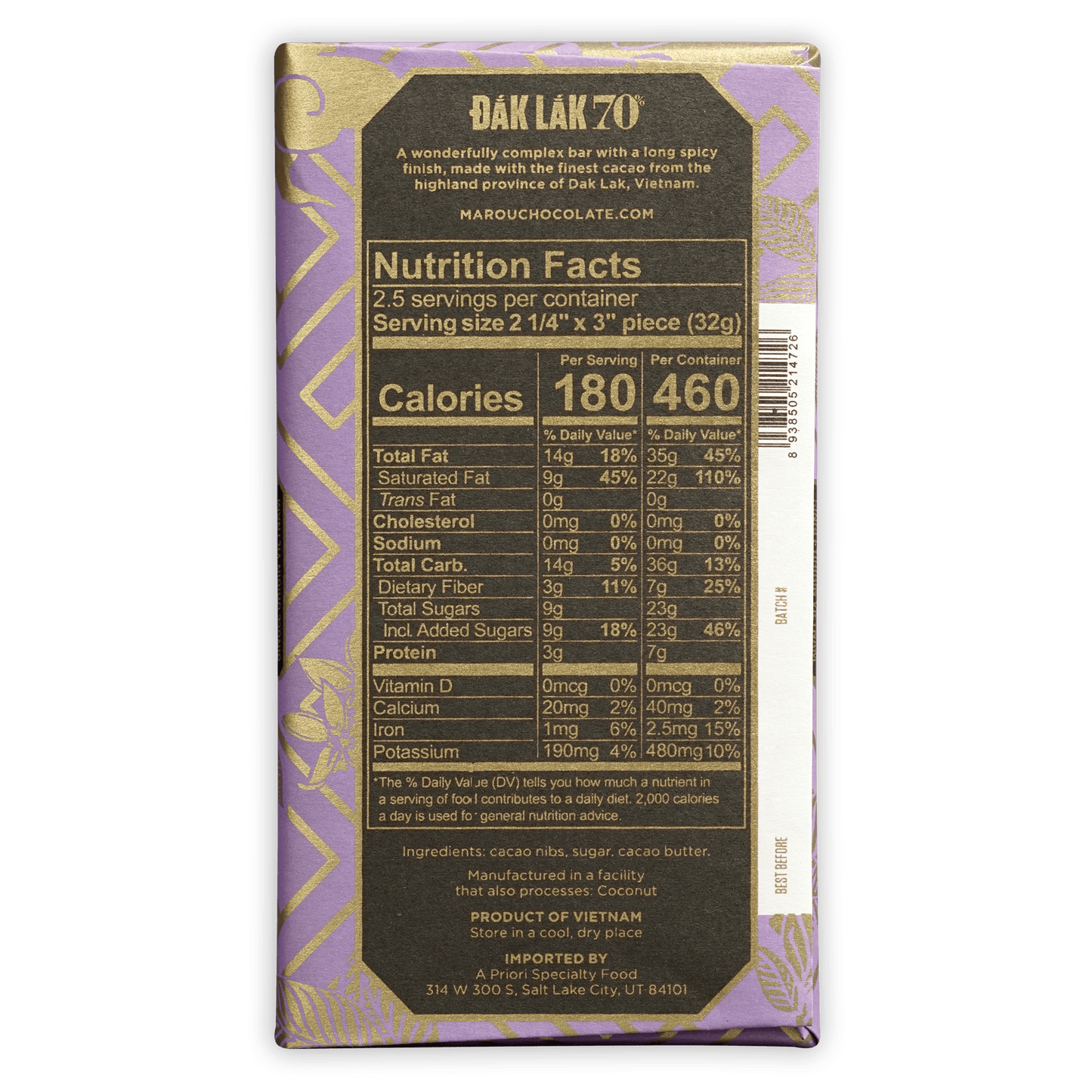 Marou Dak Lak 70% dark chocolate bar in purple and gold wrapper