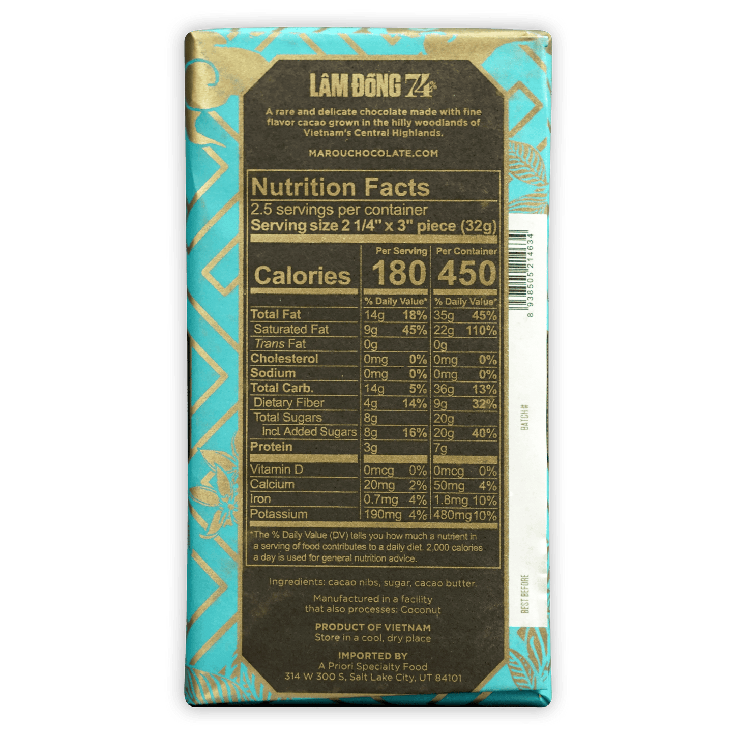 Marou Lam Dong 74% chocolate bar in turquoise gold foil wrapper