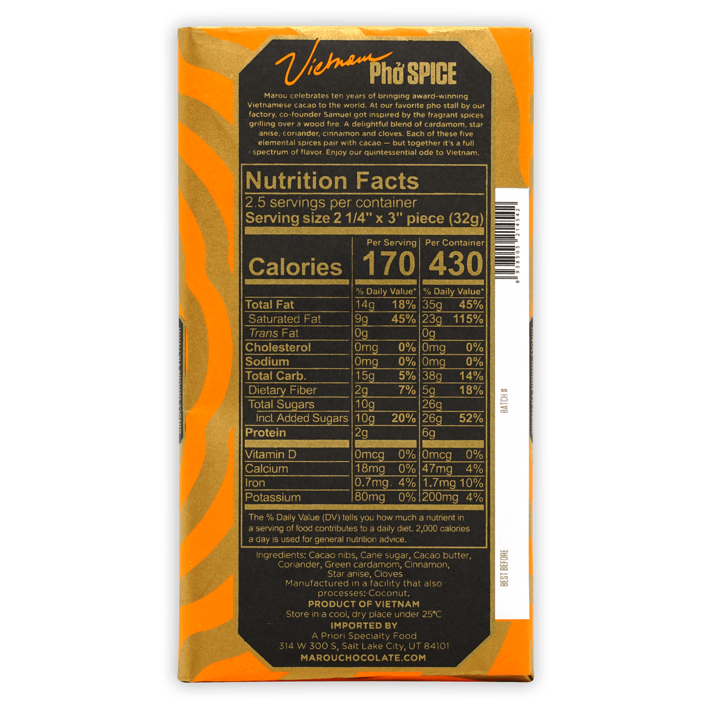 Marou Dark Pho Spice 65% limited edition chocolate bar box in orange gold foil