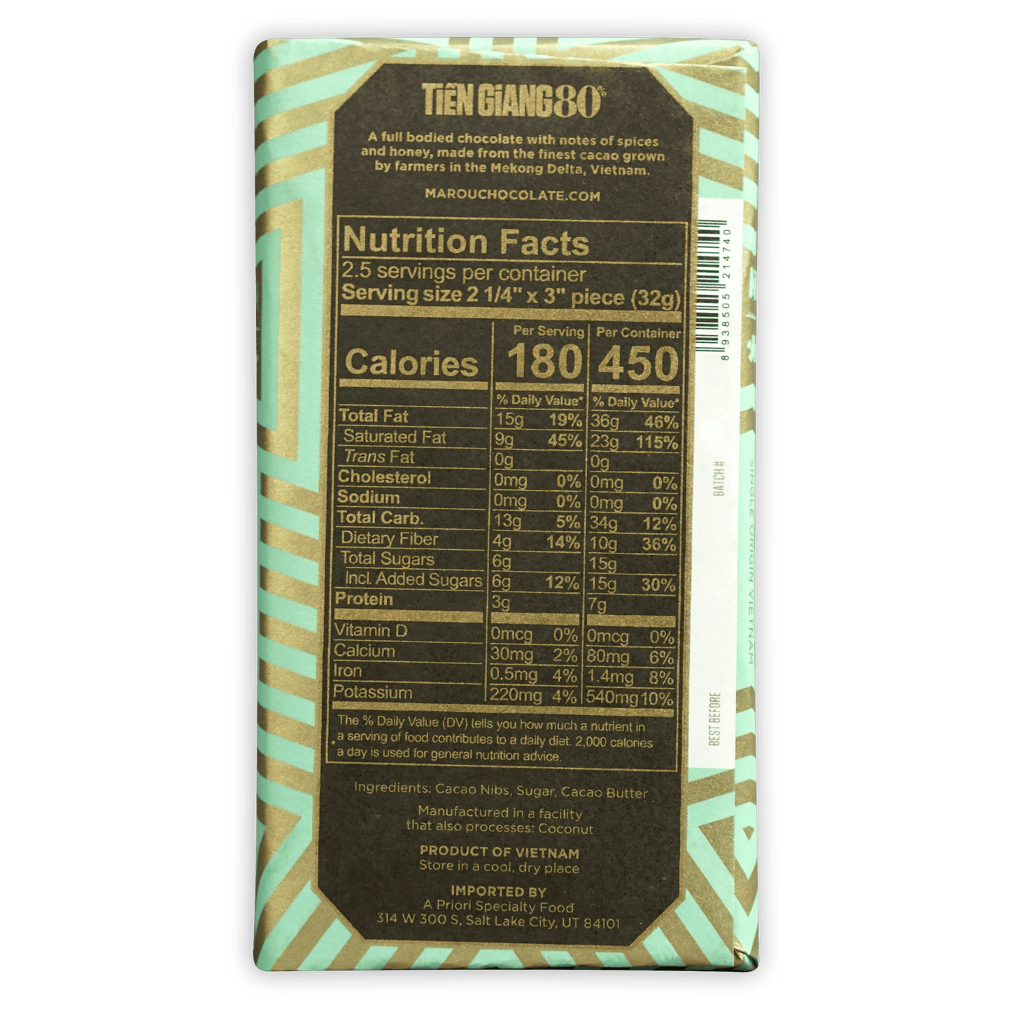 Marou Tien Giang 80% dark chocolate bar in teal gold wrapper