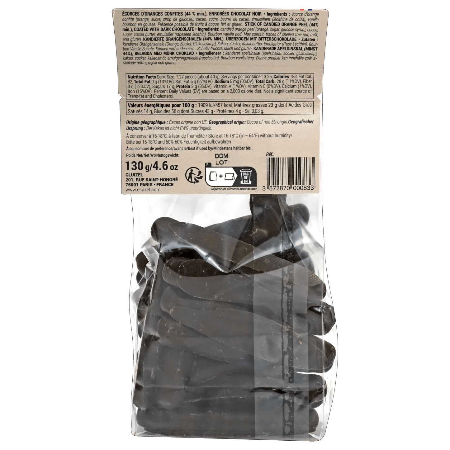 Michel Cluizel dark chocolate covered candied orange strips pack