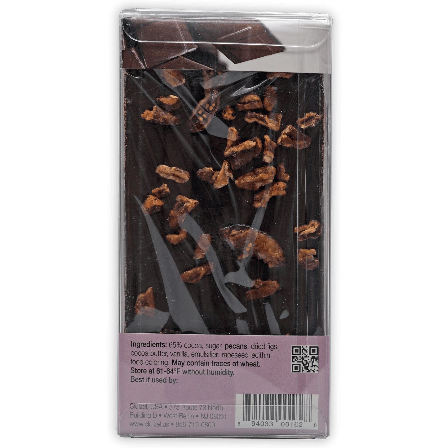 Michel Cluizel 65% dark chocolate bar with pecans and figs in clear wrapper