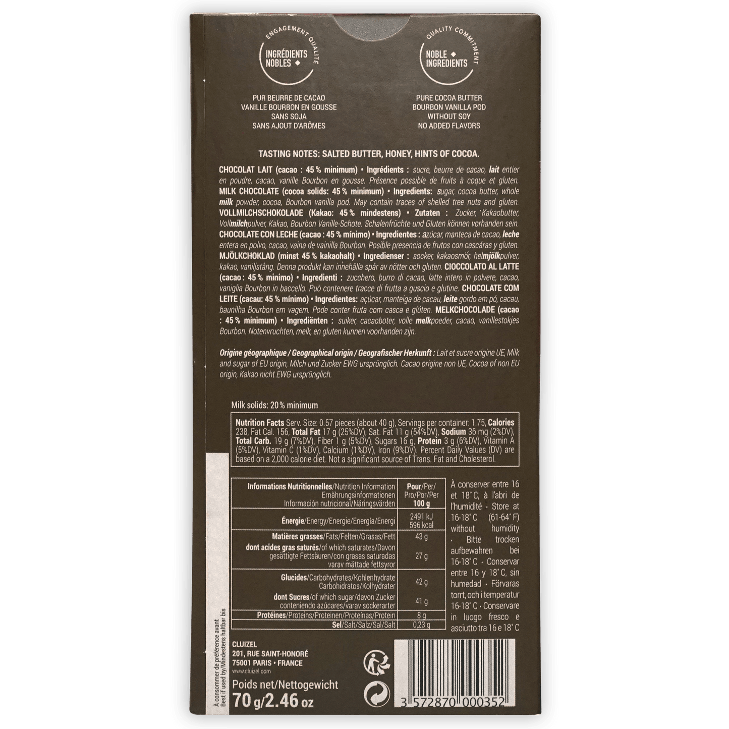Back of Michel Cluizel Grand Lait 45% dark brown chocolate bar wrapper with ingredients and nutrition info