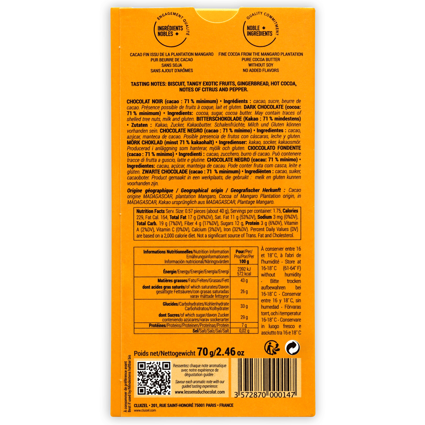 Back of Michel Cluizel Mangaro Dark 71% wrapper with orange design and multilingual info