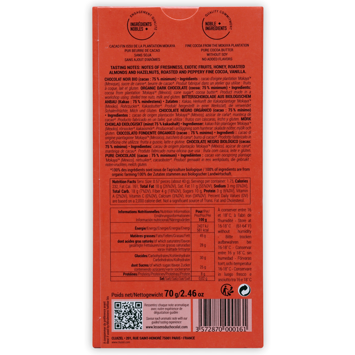 Michel Cluizel Mokaya Noir 75% orange chocolate bar wrapper back with multilingual text