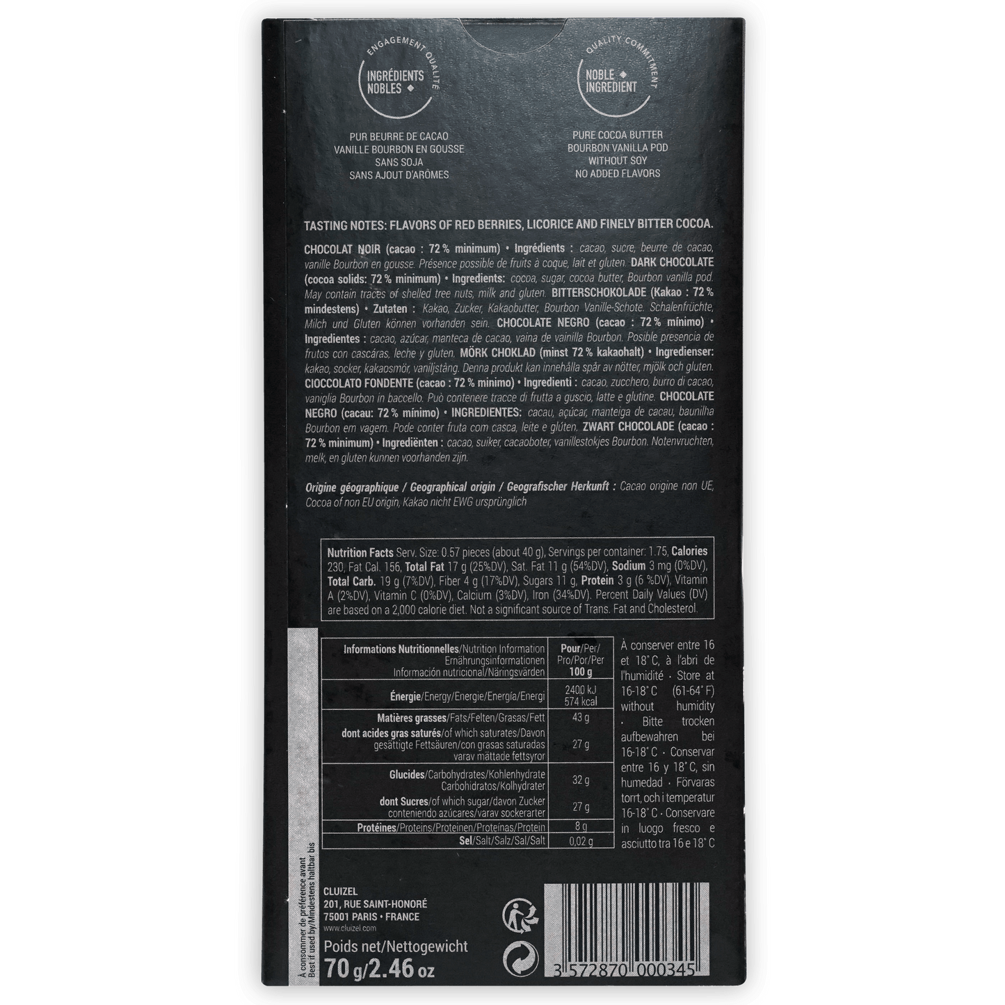 Michel Cluizel Noir 72% dark chocolate bar back with black wrapper and nutrition info