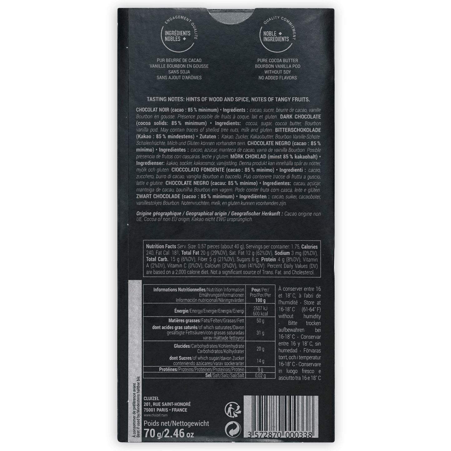Michel Cluizel Noir 85% dark chocolate bar back with multilingual text