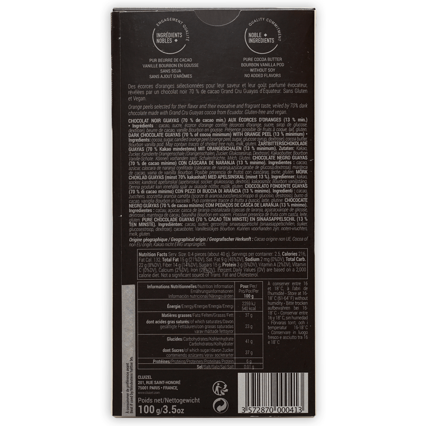 Michel Cluizel Noir w/ Orange Peels 70% dark chocolate bar back label