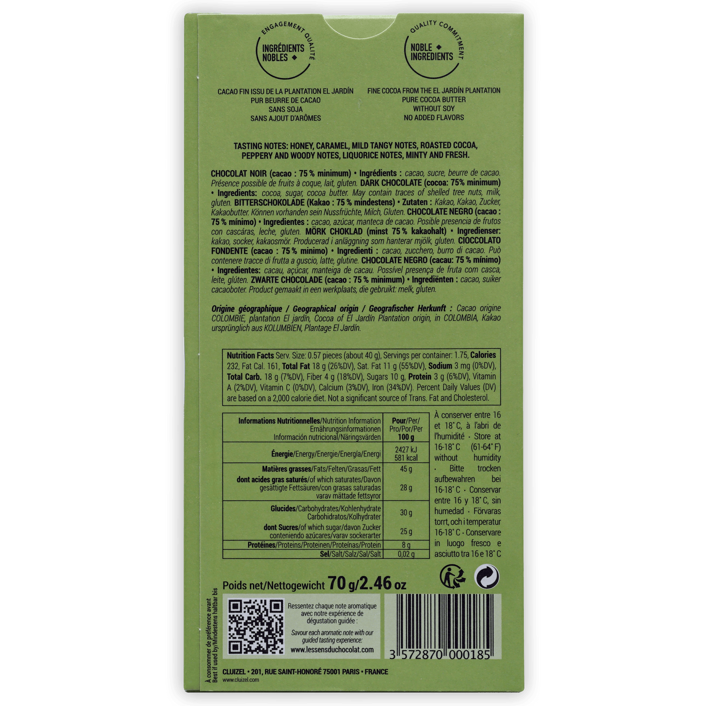 Back of Michel Cluizel Plantation El Jardin Noir 75% light green wrapper