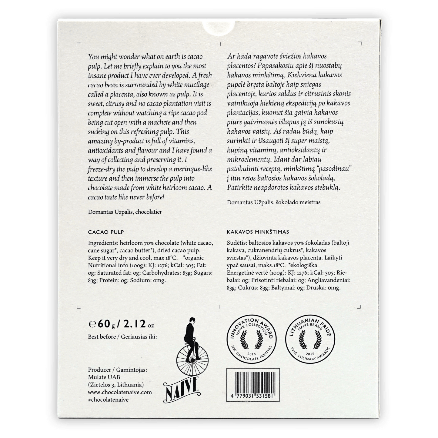 Naive Cacao Pulp 70% white box with black minimalist text in English and Lithuanian