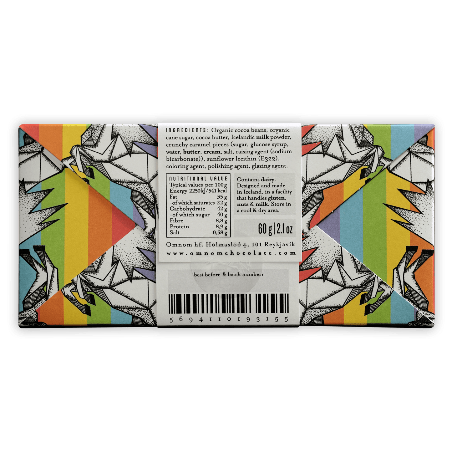 Omnom Caramel 50% chocolate bar wrapper with rainbow stripes and origami patterns