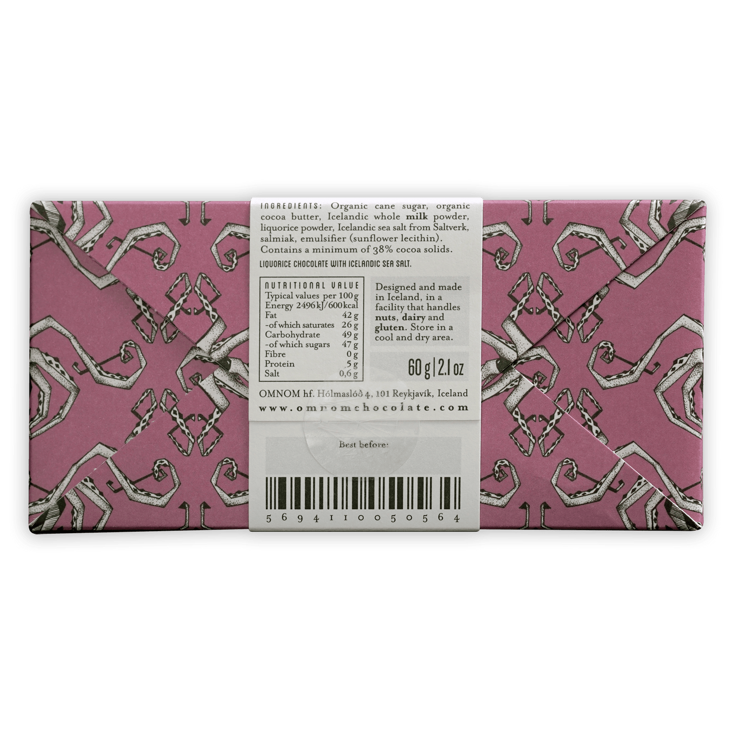 Omnom Lakkris + Sea Salt pink chocolate bar wrapper with geometric pattern