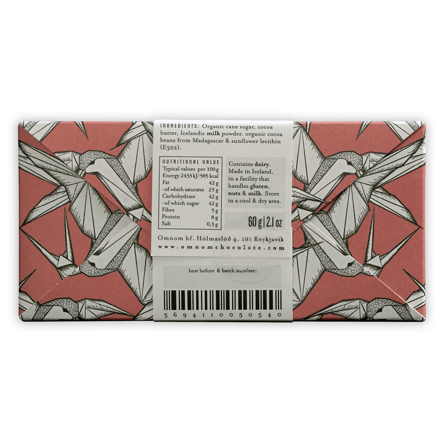 Omnom Milk of Madagascar 45% chocolate bar wrapper with pink background and bird illustrations