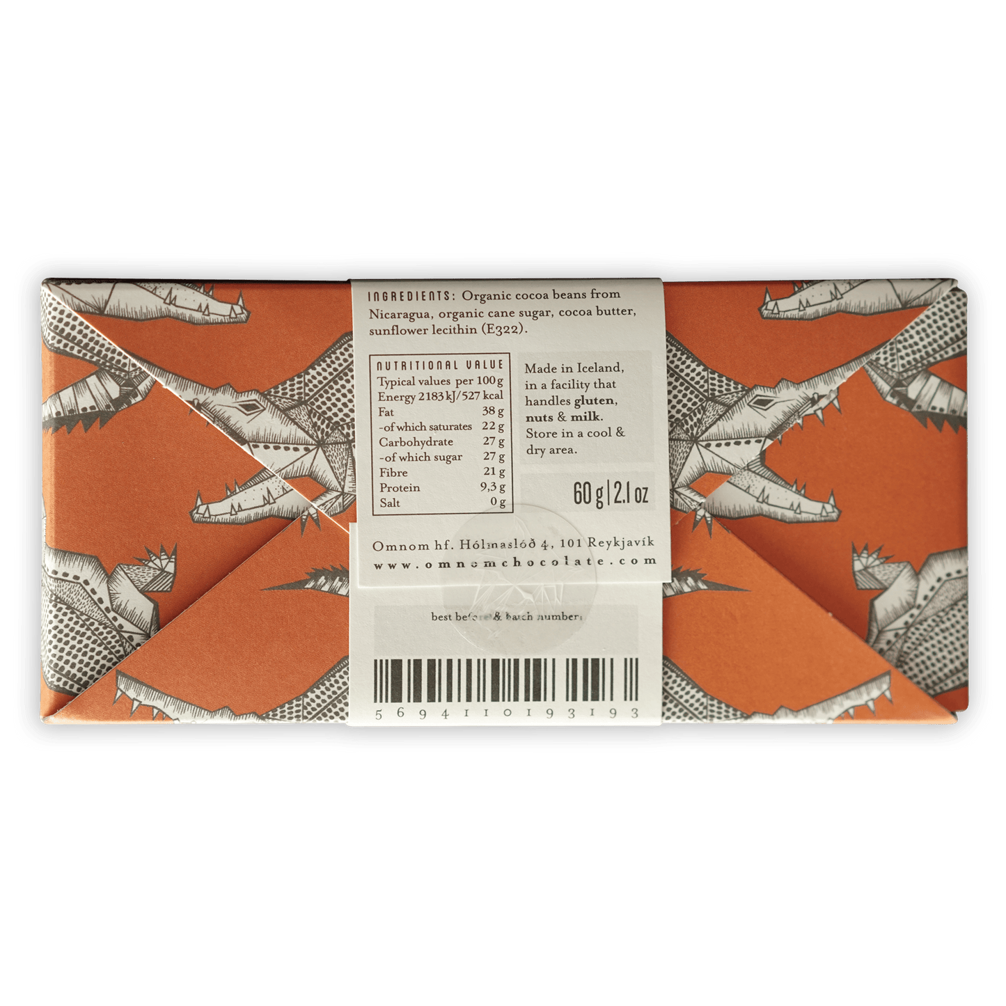 Omnom Nicaragua 73% orange wrapper with black white crocodile illustrations