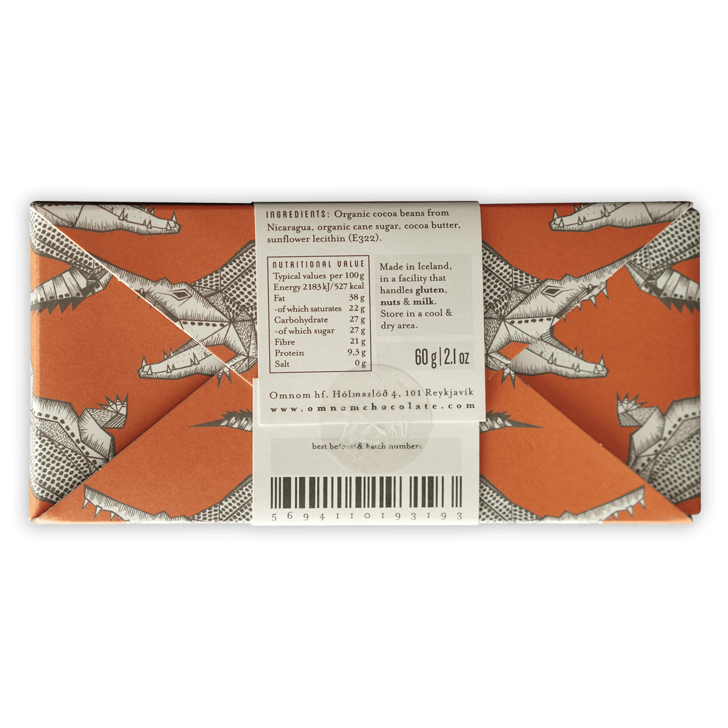 Omnom Nicaragua 73% orange wrapper with black white crocodile illustrations