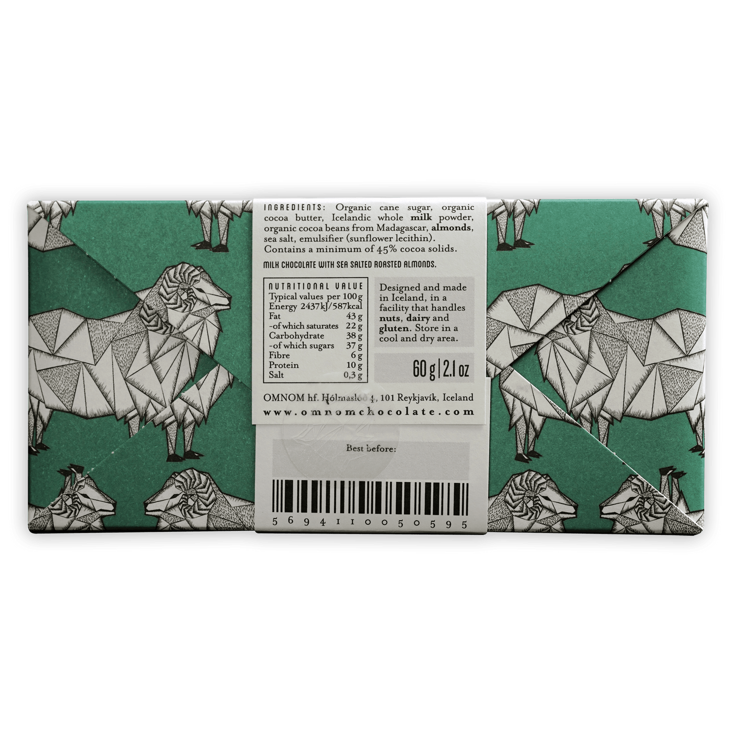 Omnom Sea Salted Almonds + Milk 45% teal white geometric sheep wrapper