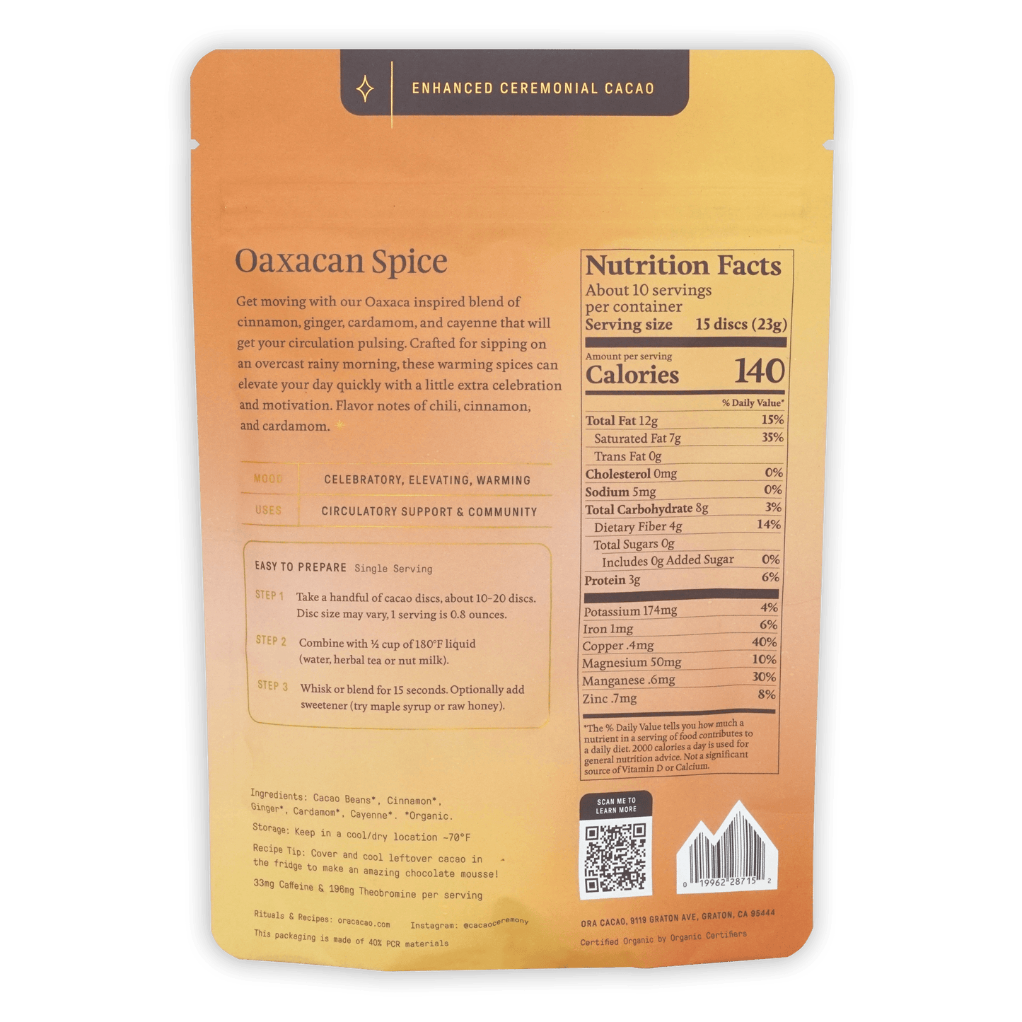 Ora Ceremonial Cacao Oaxacan Spice 100% orange pouch with matte finish