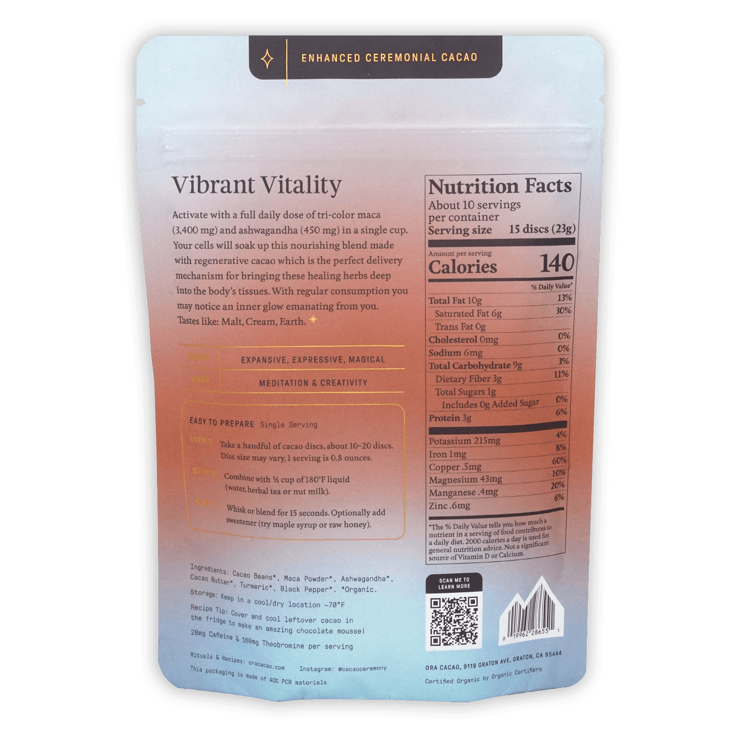 Ora Ceremonial Cacao Vibrant Vitality 100% sleek gradient pouch