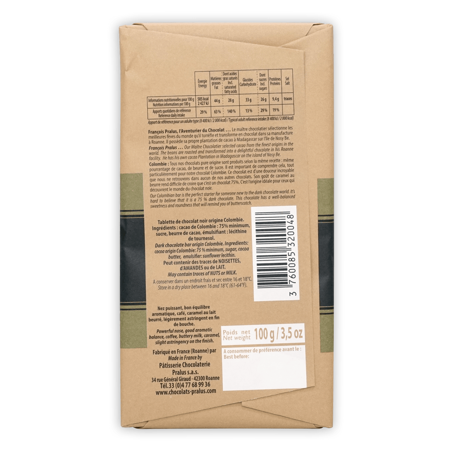 Back of Pralus Colombie 75% chocolate bar with French-English label