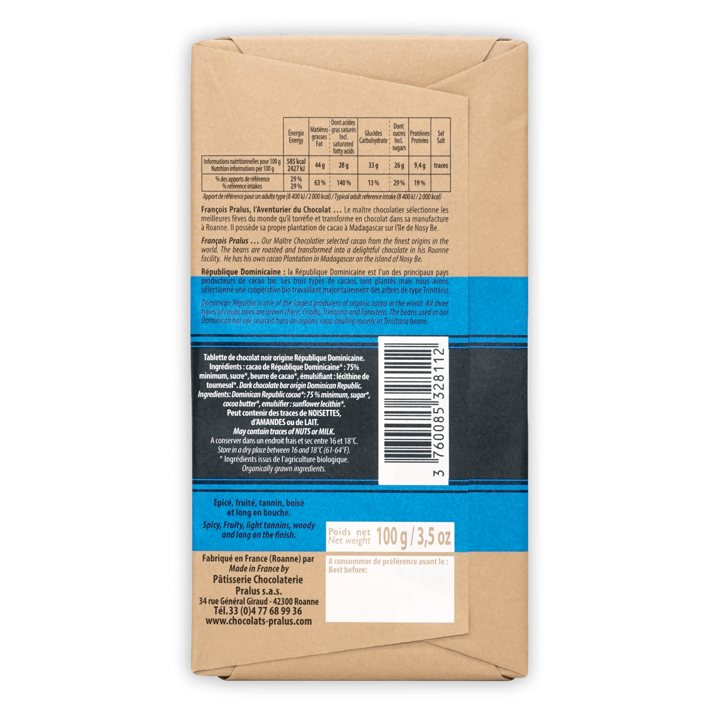 Pralus Dominican Republic 75% brown blue wrapper back with French text barcode