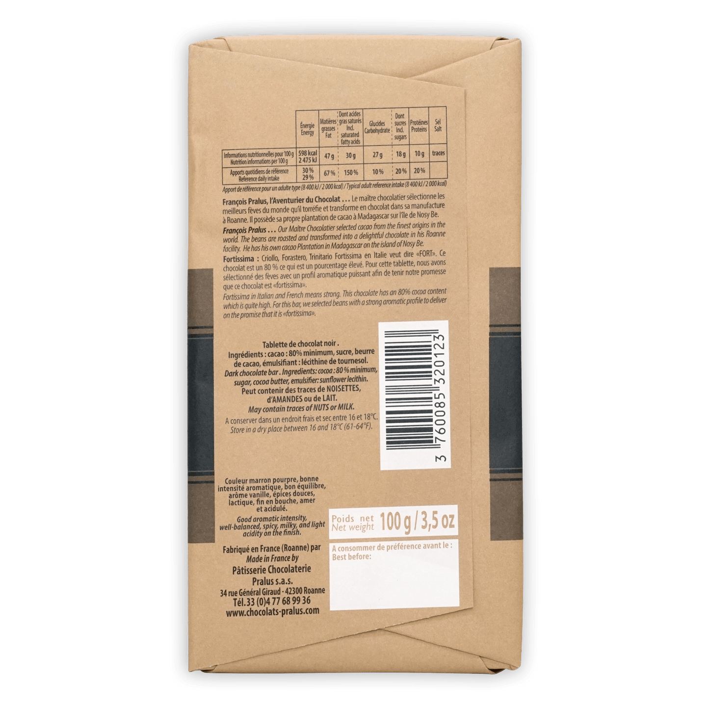 Back of Pralus Fortissima 80% chocolate bar with multilingual label