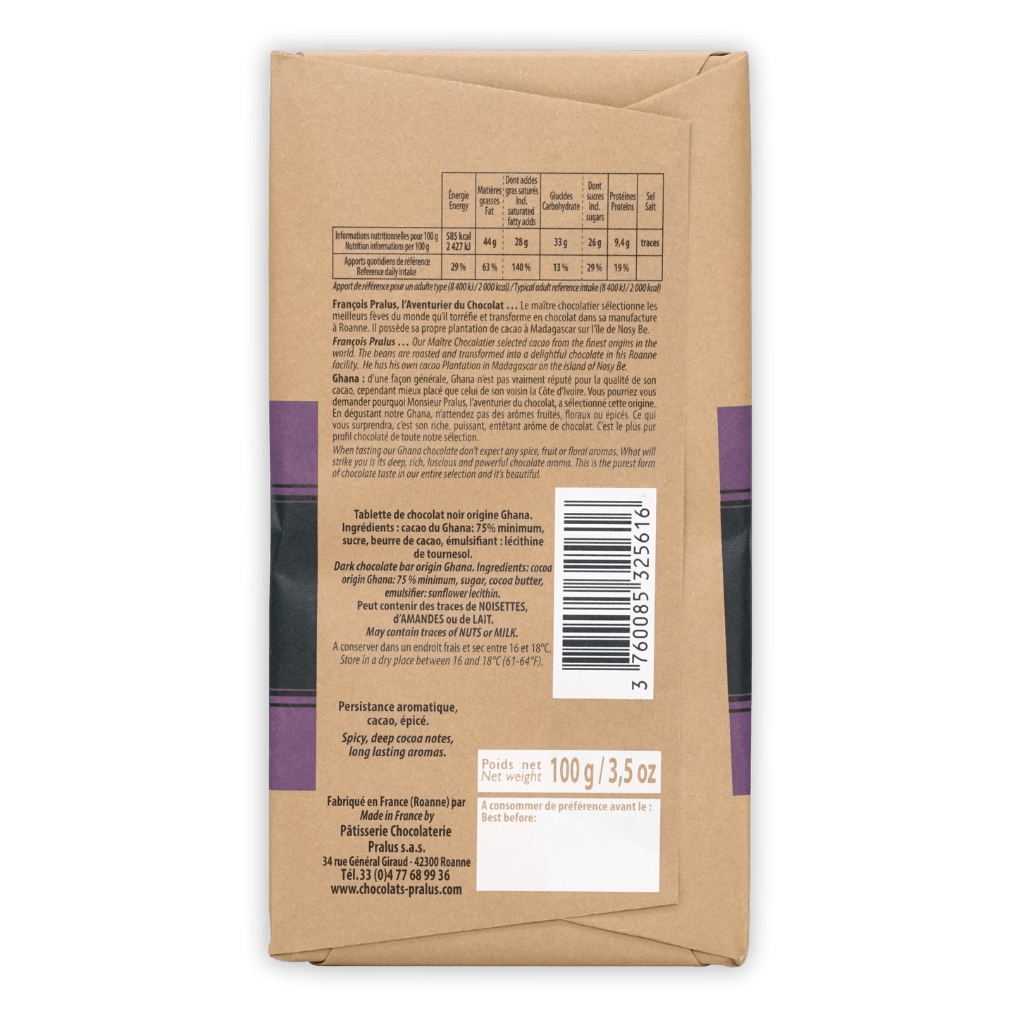 Pralus Ghana 75% chocolate bar back with purple white label