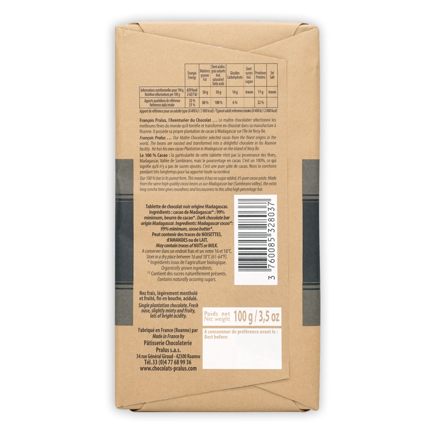 Pralus Le 100% Madagascar dark chocolate bar, 100g pralines, brown paper wrap