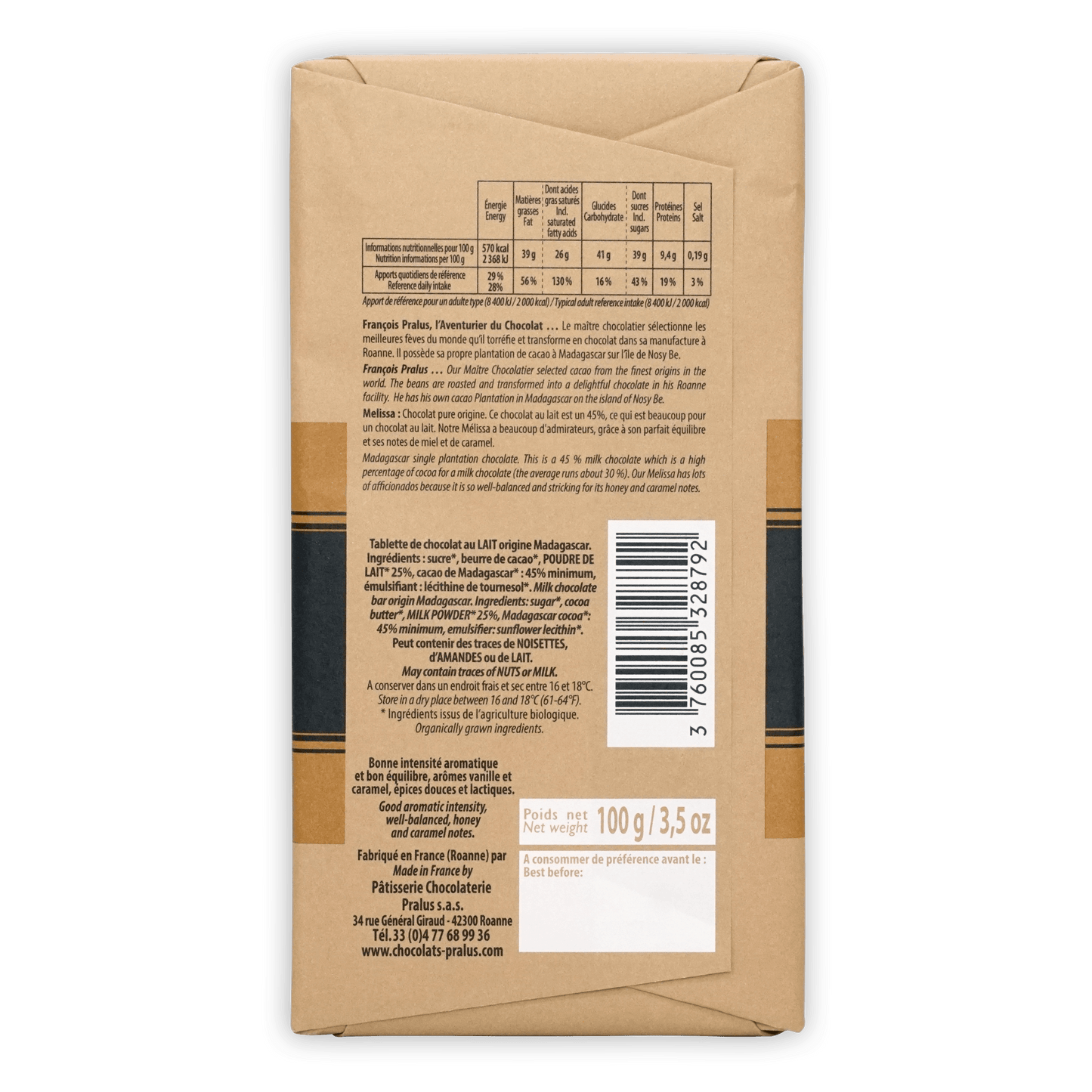 Back of Pralus Melissa Milk 45% chocolate bar with ingredients label