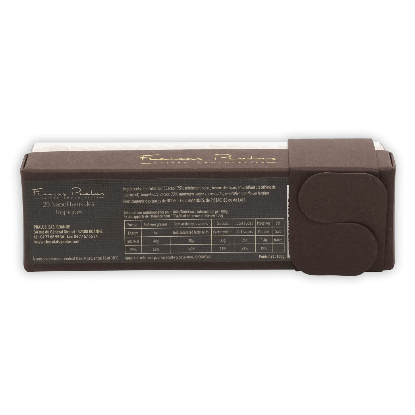 Pralus Napolitans of the Tropics brown chocolate bar in matte box with gold lettering