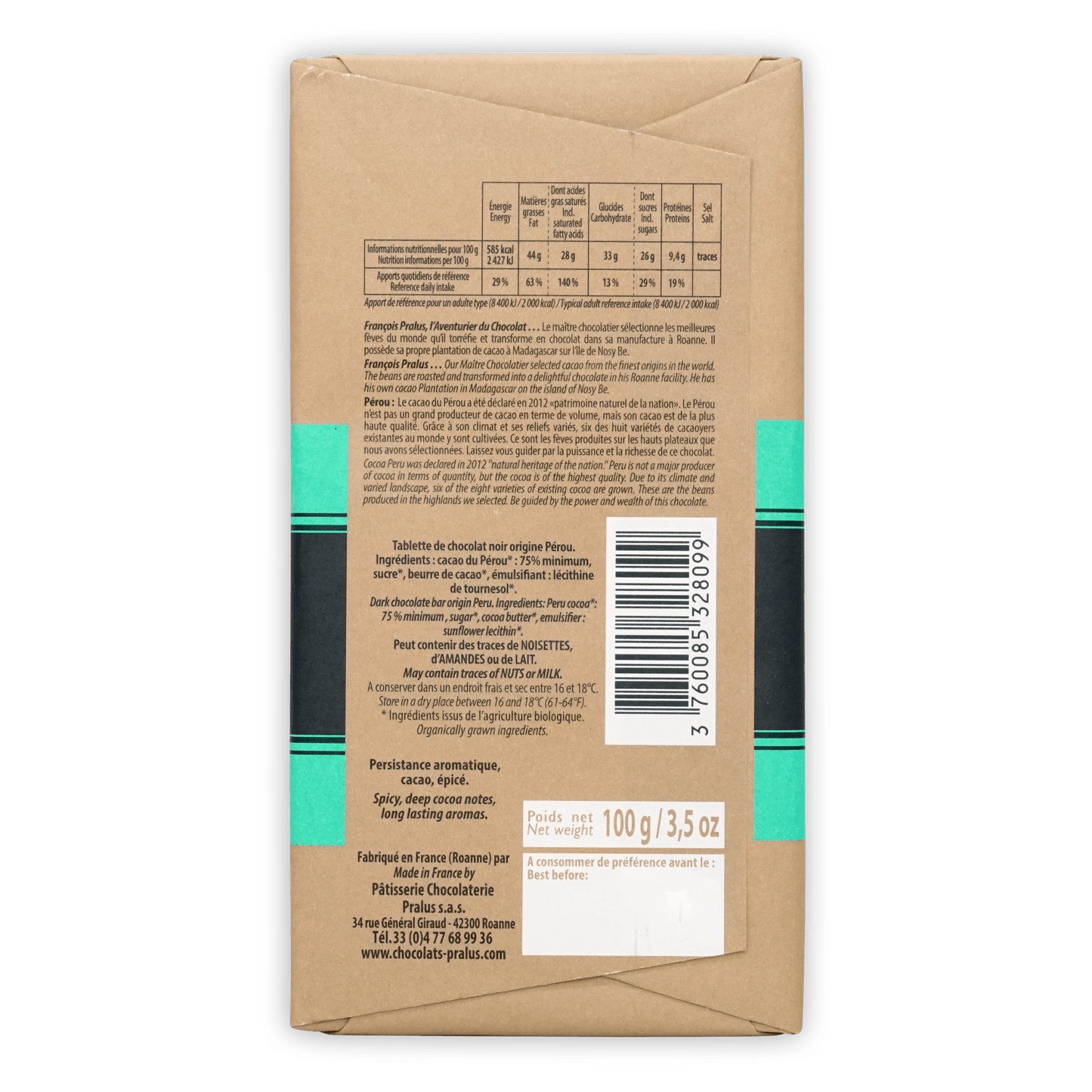 Back of Pralus Perou 75% 100g dark chocolate bar wrapper