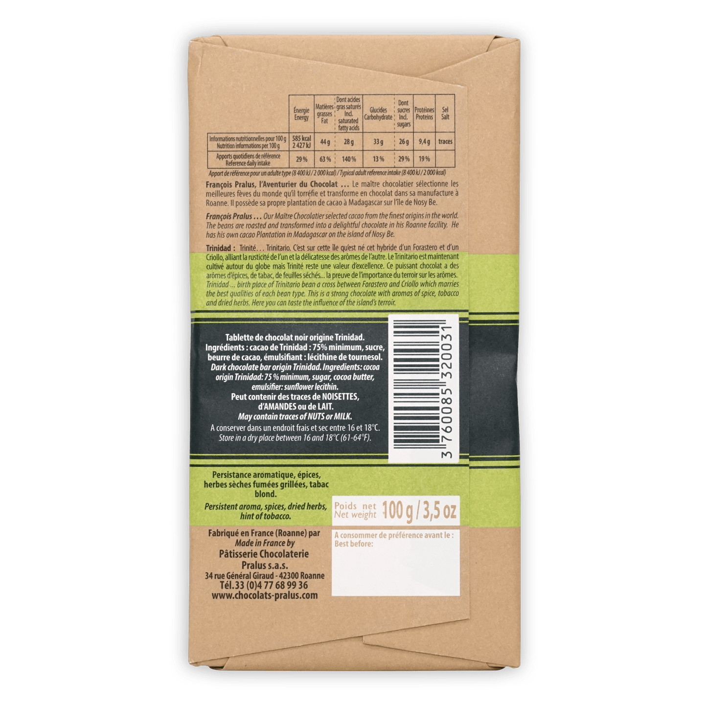 Pralus Trinidad 75% chocolate bar back with French nutrition label