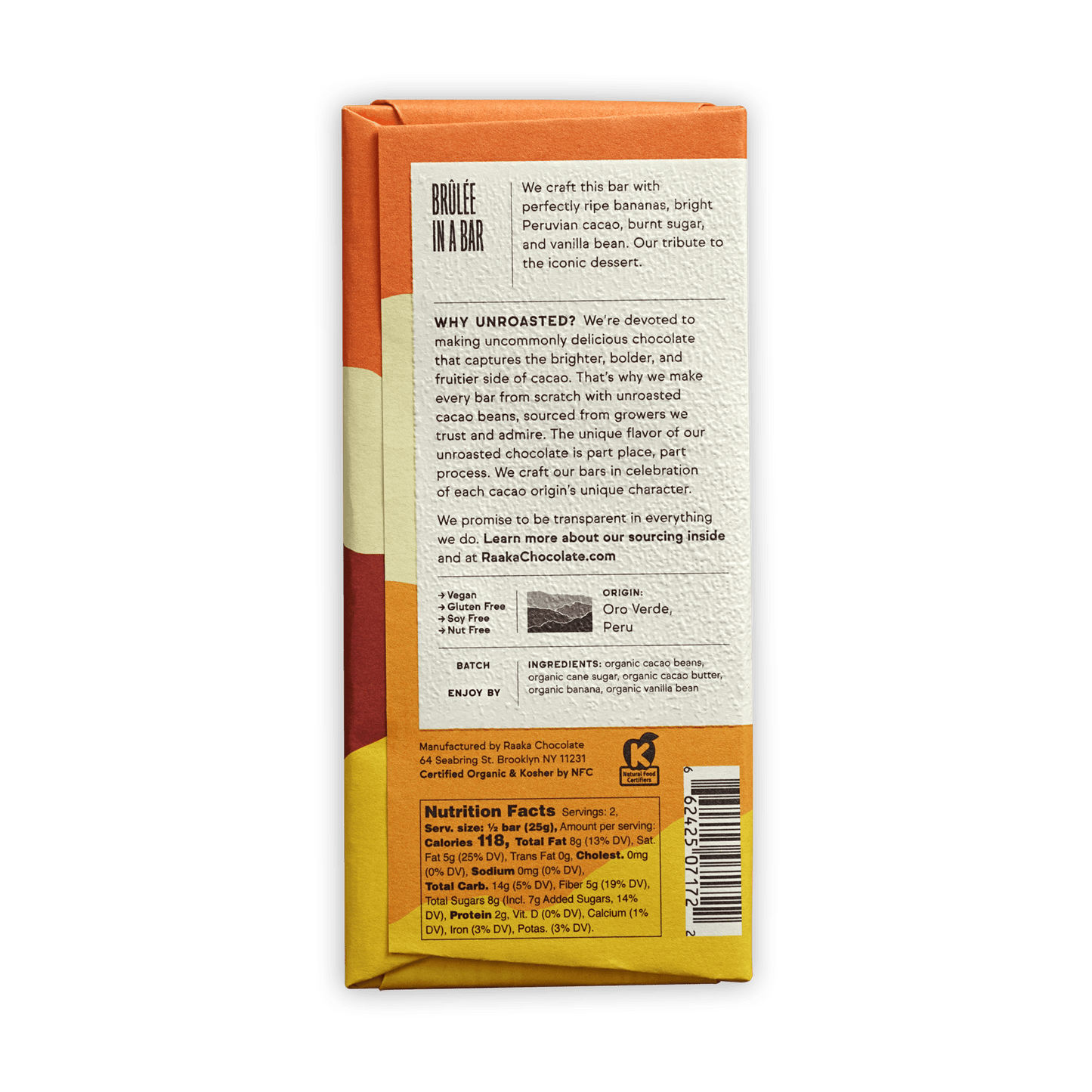 Back of Raaka Banana Foster 66% chocolate bar wrapper with ingredients